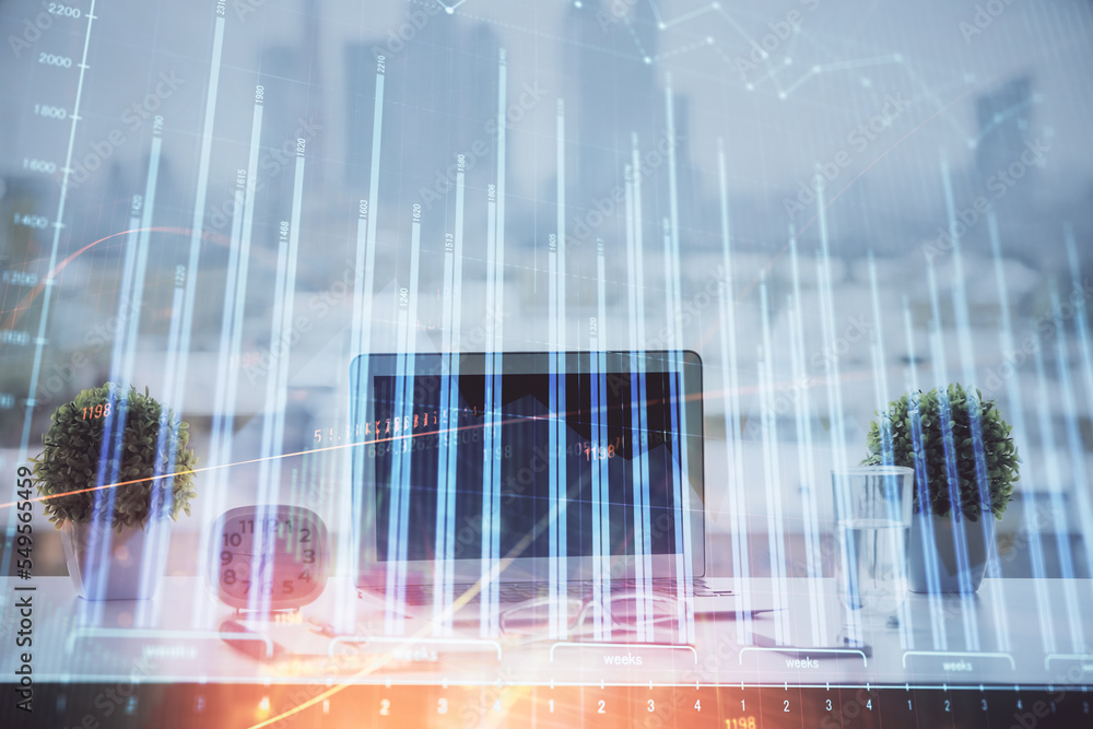 Poster forex graph hologram on table with computer background. multi exposure. concept of financial markets