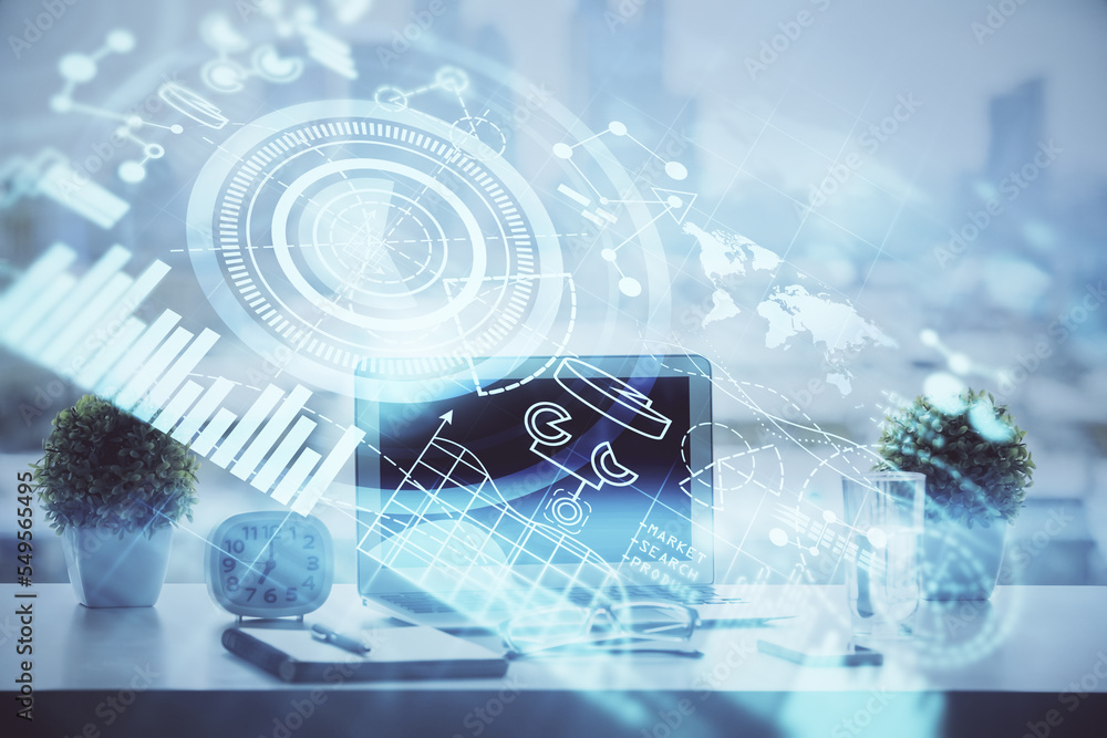 Poster double exposure of business theme icons and work space with computer background. concept of success.