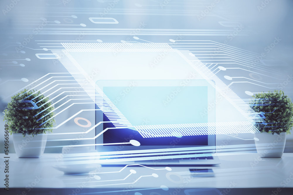 Aufkleber Double exposure of table with computer on background and data theme drawing. Concept of innovation.