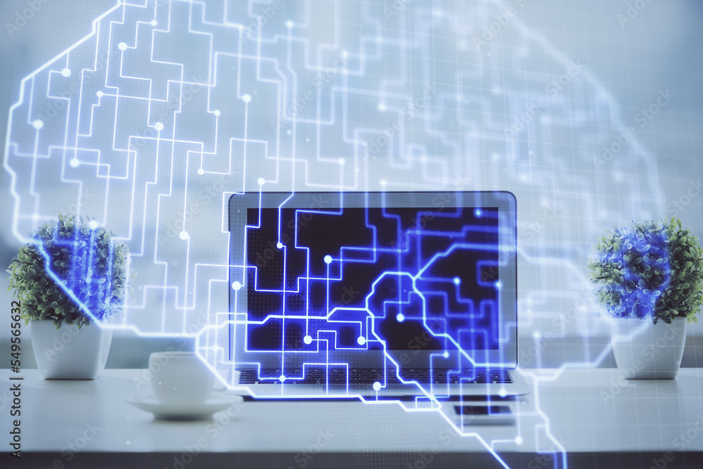 Poster double exposure of desktop with computer and brain drawing hologram. artificial intelligence concept