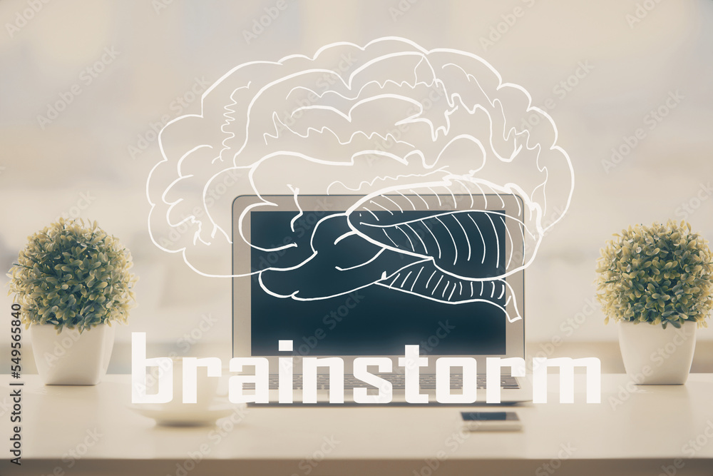 Poster Desktop computer background in office and start up theme hologram drawing. Double exposure. Startup concept.