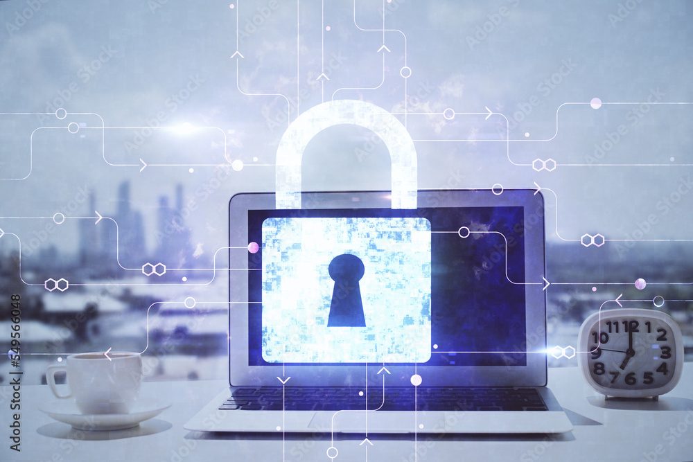 Poster Double exposure of desktop with computer and lock icon hologram. Concept of data safety.