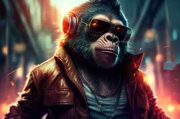 Cool monkey gorilla Gangsta rapper in sunglasses. generated sketch art - obrazy, fototapety, plakaty