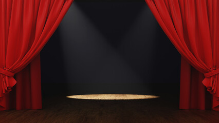 Empty Stage theater or opera with red curtain and Spotlight, 3D rendering.
