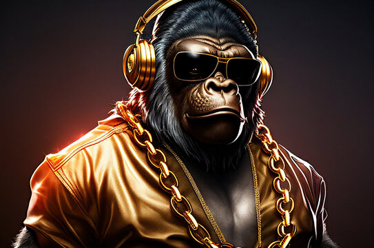 Cool monkey gorilla Gangsta rapper in sunglasses. generated sketch art