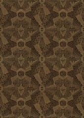 Hand-drawn unique abstract symmetrical seamless gold ornament on a dark brown background. Paper texture. Digital artwork, A4. (pattern: p05e)