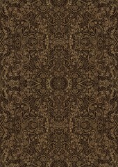 Hand-drawn unique abstract symmetrical seamless gold ornament on a dark brown background. Paper texture. Digital artwork, A4. (pattern: p06d)