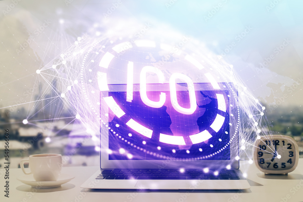 Aufkleber Double exposure of blockchain and crypto economy theme hologram and table with computer background. Concept of bitcoin cryptocurrency.