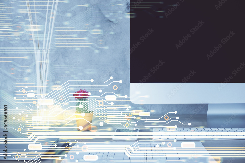 Poster Double exposure of desktop with computer on background and tech theme drawing. Concept of big data.