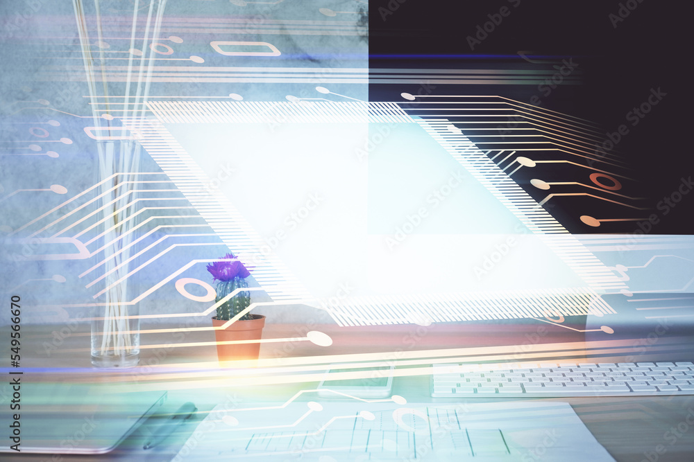 Poster Double exposure of desktop with computer on background and tech theme drawing. Concept of big data.
