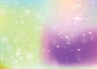 Obraz premium Holographic background with rainbow mesh. Multicolor universe banner in princess colors. Fantasy gradient backdrop with hologram. Holographic unicorn background with fairy sparkles, stars and blurs.
