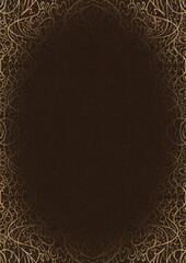 Dark brown textured paper with vignette of golden hand-drawn pattern with golden glittery splatter. Copy space. Digital artwork, A4. (pattern: p02-2d)
