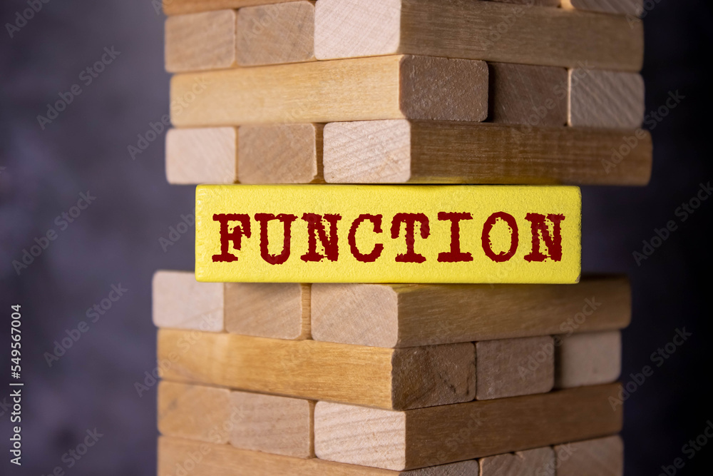 Poster text on gray word function in small wooden letters with black font on a blue background