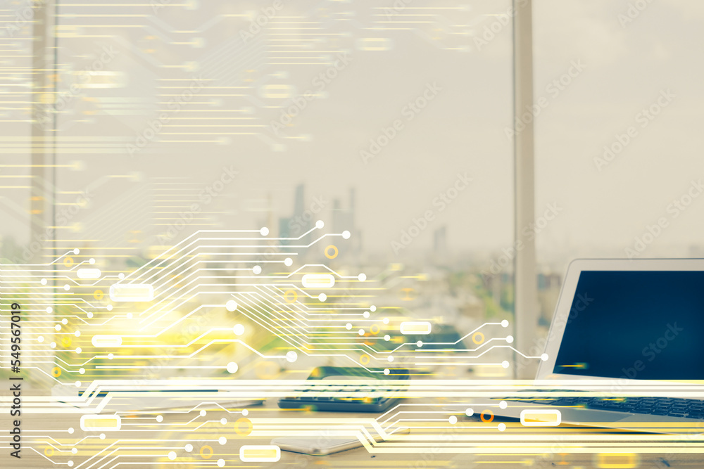 Aufkleber double exposure of desktop computer and technology theme hologram. concept of software development.