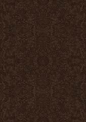 Hand-drawn unique abstract symmetrical seamless ornament. Light semi transparent brown on a dark brown background. Paper texture. Digital artwork, A4. (pattern: p06d)