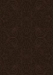 Hand-drawn unique abstract symmetrical seamless ornament. Light semi transparent brown on a dark brown background. Paper texture. Digital artwork, A4. (pattern: p07-1d)