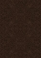 Hand-drawn unique abstract symmetrical seamless ornament. Light semi transparent brown on a dark brown background. Paper texture. Digital artwork, A4. (pattern: p07-2d)