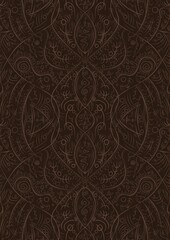 Hand-drawn unique abstract symmetrical seamless ornament. Light semi transparent brown on a dark brown background. Paper texture. Digital artwork, A4. (pattern: p08-2d)