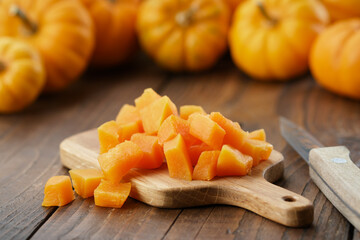 Chopped pumpkin pulp on a cutting board. Several pumpkins in background.
