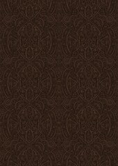 Hand-drawn unique abstract symmetrical seamless ornament. Light semi transparent brown on a dark brown background. Paper texture. Digital artwork, A4. (pattern: p08-2e)