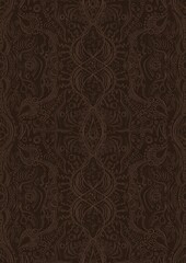 Hand-drawn unique abstract symmetrical seamless ornament. Light semi transparent brown on a dark brown background. Paper texture. Digital artwork, A4. (pattern: p09d)