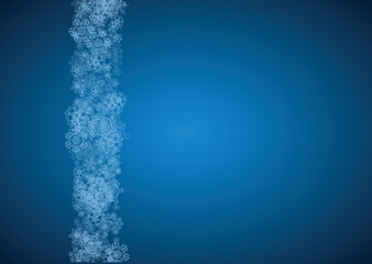 New Year snowflakes on blue background with sparkles. Horizontal Christmas and New Year snowflakes  falling. For season sales, special offer, banners, cards, party invites, flyer. White frosty snow