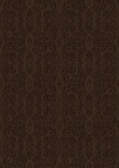 Hand-drawn unique abstract symmetrical seamless ornament. Light semi transparent brown on a dark brown background. Paper texture. Digital artwork, A4. (pattern: p09e)