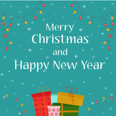 Marry christmas and happy new year greeting card on a blue background with  garland lights and gift boxes