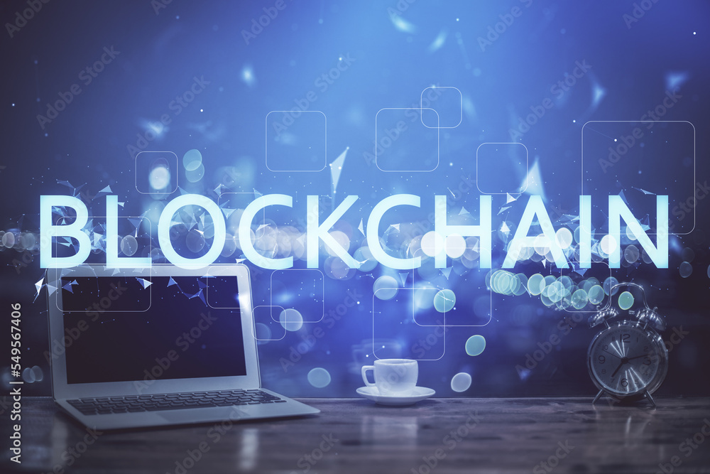 Aufkleber Multi exposure of blockchain theme hologram and table with computer background. Concept of bitcoin crypto currency.