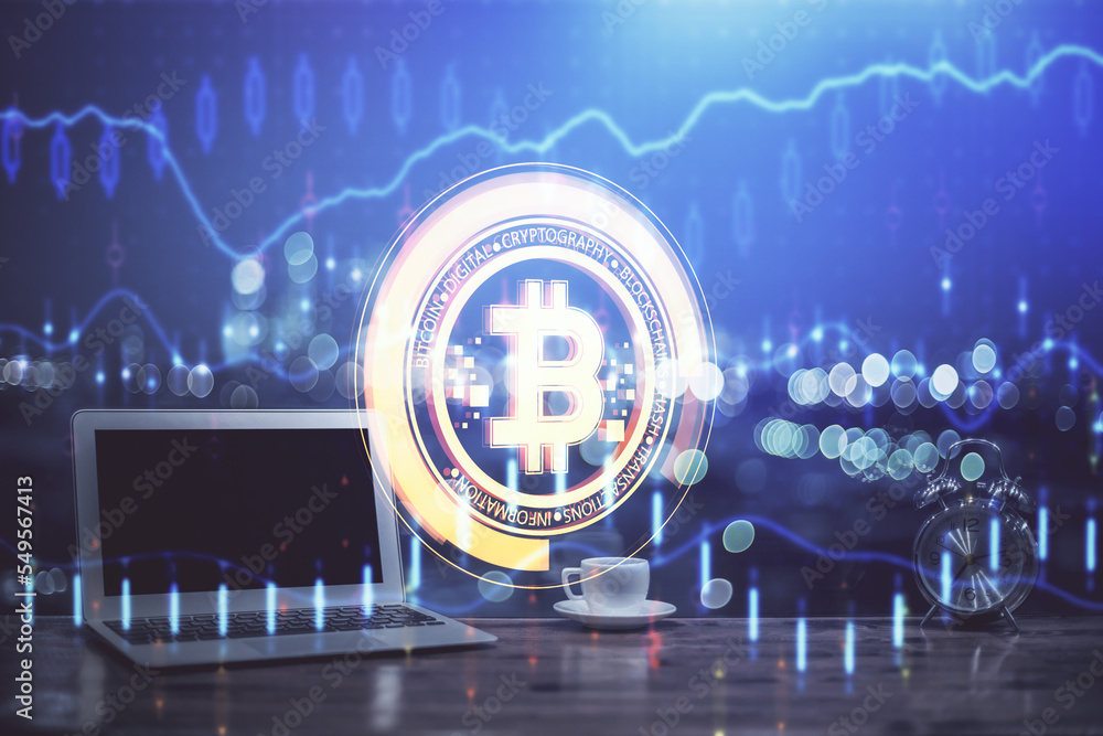 Aufkleber Multi exposure of blockchain theme hologram and table with computer background. Concept of bitcoin crypto currency.