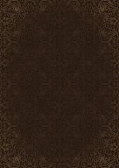 Hand-drawn unique abstract ornament. Light semi transparent brown on a dark brown background, with vignette of same pattern in golden glitter. Paper texture. Digital artwork, A4. (pattern: p07-1e)