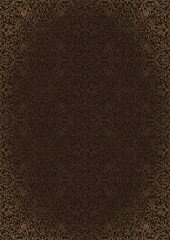 Hand-drawn unique abstract ornament. Light semi transparent brown on a dark brown background, with vignette of same pattern in golden glitter. Paper texture. Digital artwork, A4. (pattern: p07-2e)