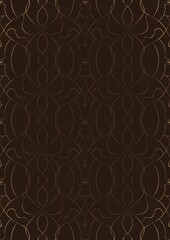 Hand-drawn unique abstract ornament. Light semi transparent brown on a dark brown background, with vignette of same pattern in golden glitter. Paper texture. Digital artwork, A4. (pattern: p08-1e)