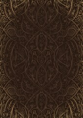 Hand-drawn unique abstract ornament. Light semi transparent brown on a dark brown background, with vignette of same pattern in golden glitter. Paper texture. Digital artwork, A4. (pattern: p08-2d)