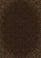 Hand-drawn unique abstract ornament. Light semi transparent brown on a dark brown background, with vignette of same pattern in golden glitter. Paper texture. Digital artwork, A4. (pattern: p08-2e)