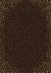 Hand-drawn unique abstract ornament. Light semi transparent brown on a dark brown background, with vignette of same pattern in golden glitter. Paper texture. Digital artwork, A4. (pattern: p08-2e)