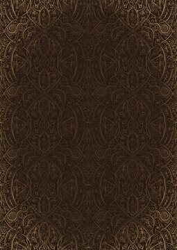 Hand-drawn unique abstract ornament. Light semi transparent brown on a dark brown background, with vignette of same pattern in golden glitter. Paper texture. Digital artwork, A4. (pattern: p08-2e) © Maria