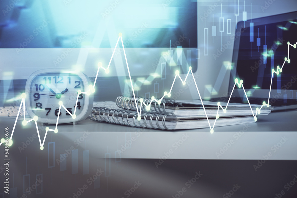 Poster Forex graph hologram on table with computer background. Multi exposure. Concept of financial markets.