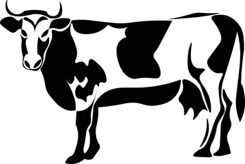 Black and White Cartoon Illustration Vector of a Highland Cow with Horns