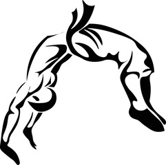 Black and White Cartoon Illustration Vector of a Martial Arts Fighter in a Jump Pose