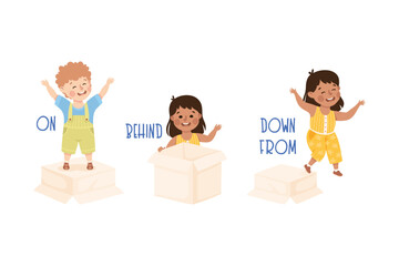 Little Boy and Girl with Cardboard Box as Preposition Demonstration Vector Set