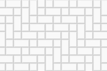 White herringbone inserted tile texture. Stone or ceramic brick wall background. Kitchen backsplash mosaic layout. Bathroom, shower or toilet floor decoration. Vector flat illustration