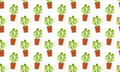 Cute plant characters in pot seamless pattern. Happy blossom home flowers background. Scrapbooking or wrapping paper design, fabric print. Vector cartoon illustration