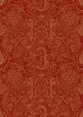 Hand-drawn unique abstract symmetrical seamless gold ornament on a bright red background. Paper texture. Digital artwork, A4. (pattern: p01d)