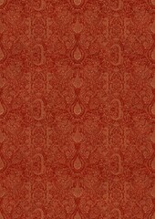 Hand-drawn unique abstract symmetrical seamless gold ornament on a bright red background. Paper texture. Digital artwork, A4. (pattern: p01e)