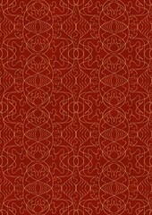 Hand-drawn unique abstract symmetrical seamless gold ornament on a bright red background. Paper texture. Digital artwork, A4. (pattern: p02-1e)