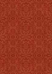 Hand-drawn unique abstract symmetrical seamless gold ornament on a bright red background. Paper texture. Digital artwork, A4. (pattern: p06e)