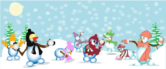 snowmen playing snowballs, vector illustration, cartoon snowmen throwing snowballs