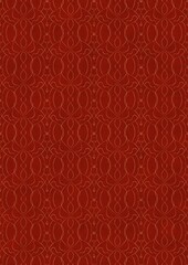 Hand-drawn unique abstract symmetrical seamless gold ornament on a bright red background. Paper texture. Digital artwork, A4. (pattern: p08-1f)