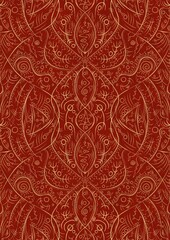 Hand-drawn unique abstract symmetrical seamless gold ornament on a bright red background. Paper texture. Digital artwork, A4. (pattern: p08-2d)